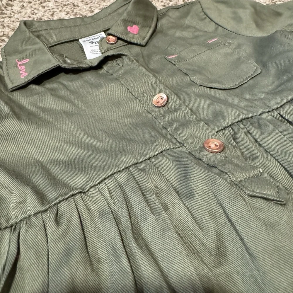 Carters Dark Green Olive Long Sleeve Baby Dress 9 Months Embroidered Holiday NEW